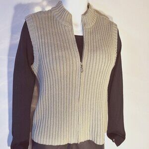 Rebecca Malone SZ M Taupe Zip Front Sweater Vest 80's layer timeless academia